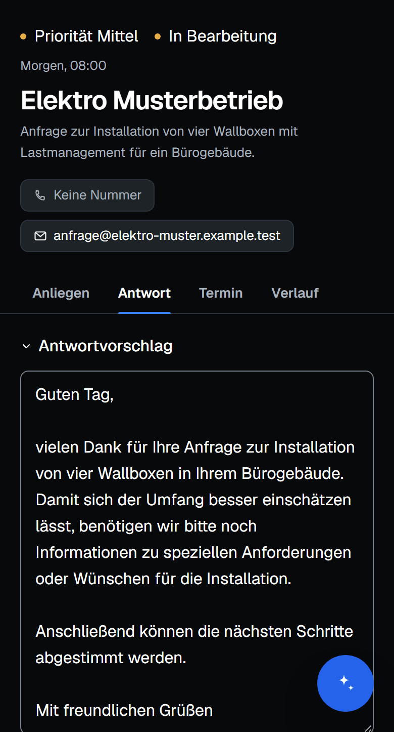Derselbe Antwortentwurf auf dem Telefon, im bearbeitbaren Textfeld unter den Reitern des Vorgangs.